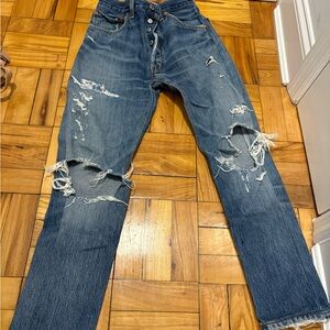 Re/Done Women's Distressed Blue Straight Jeans